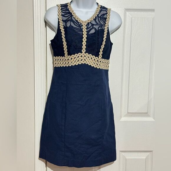 Lilly Pulitzer Leigh Stretch-Shift Dress Navy/Gold Size 00 - Picture 2 of 11